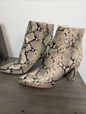 Aldo Snake-Print Pointed Ankle Boots in Beige and Black